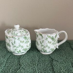 Grace Teaware Creamer Sugar Bowl Green Floral Butterfly NEW!